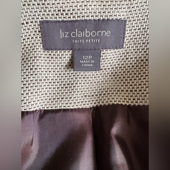Liz Claiborne Suit Set Skirt Blazer Linen Blend Cream Brown Ruffle Cuff Trim 12P - Picture 8 of 13